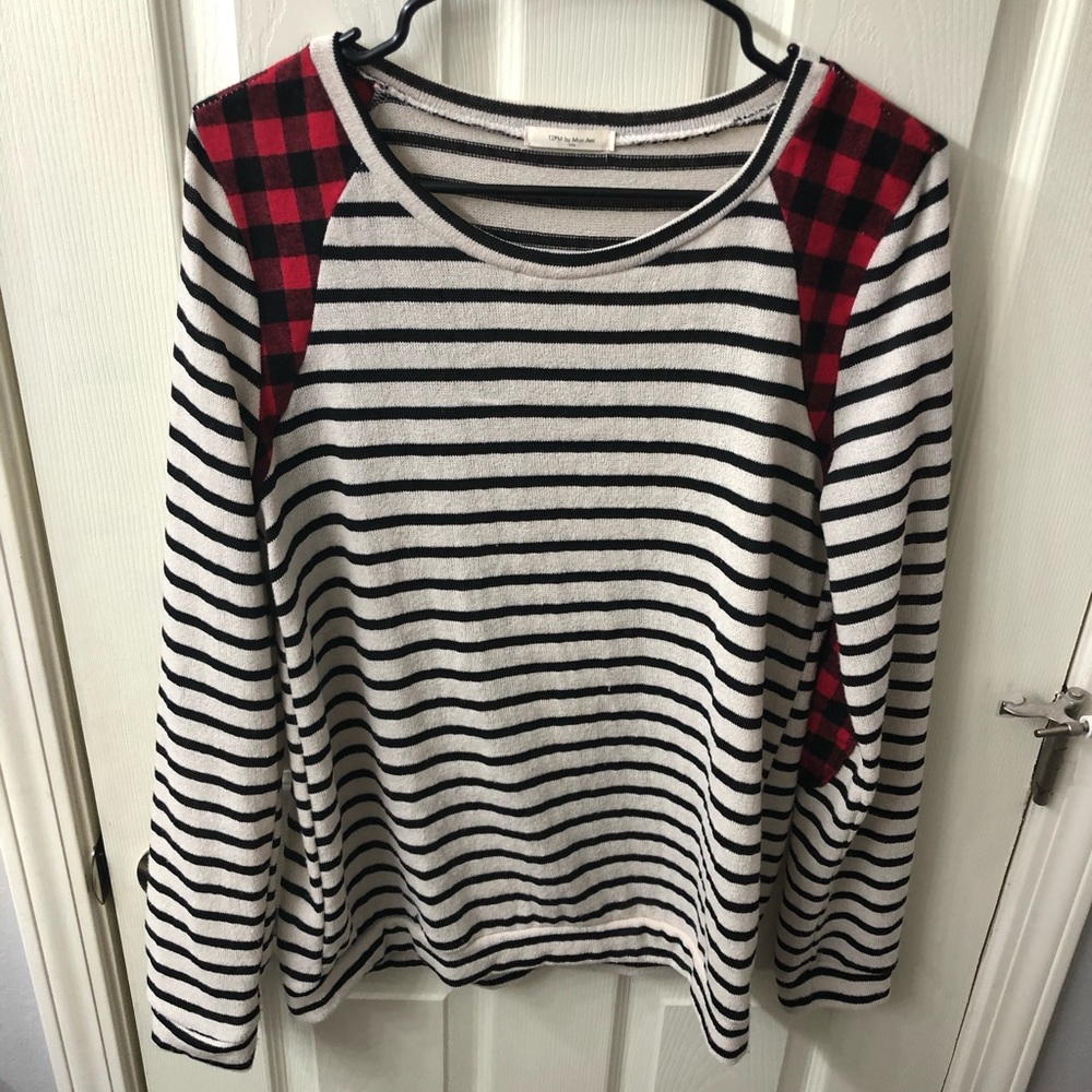 Striped long sleeved shirt with red buffalo plaid
